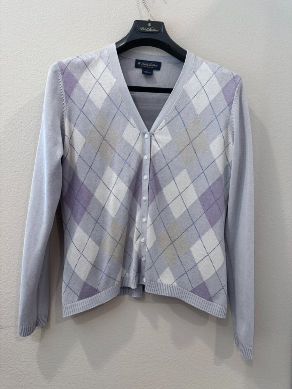 Brooks Brothers Pastel Argyle V-Neck Cardigan Sweater Silk Cotton Blend Large